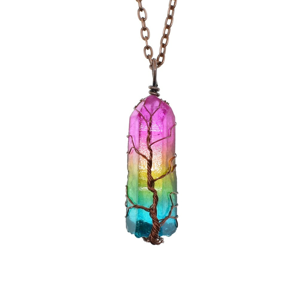 Stone Crystal Pillar Tree Of Life Pendant Fashion Necklace