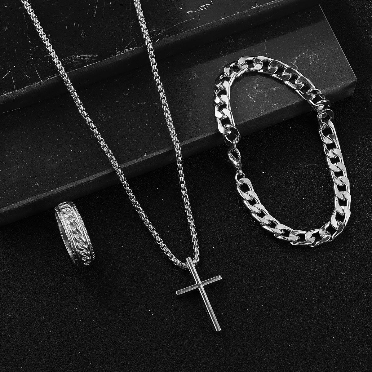 Cross Necklace Ring & Bracelet Set