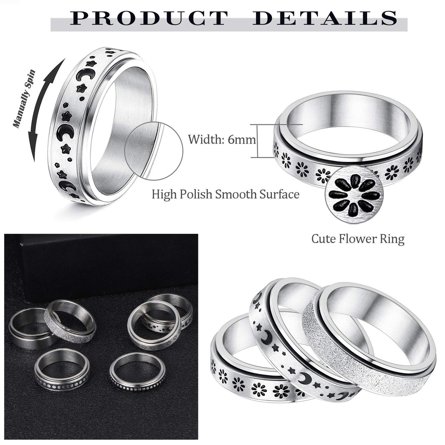 Stainless Steel Rotatable Spinner Ring Moon Stars